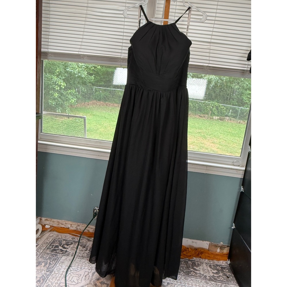 Women Black Halter Neck Chiffon Formal Gown Lace Up Back Evening Dress Size 12